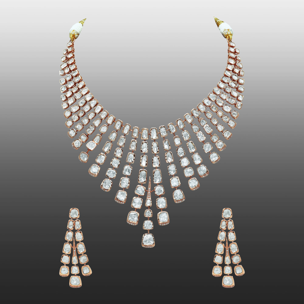 Rose Gold Polki Necklace Set with Cascading Fan-Like Design